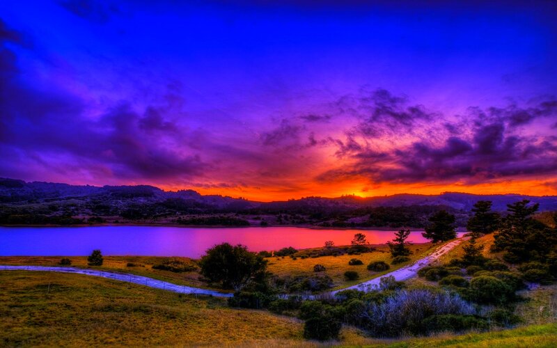Sunset over Lake — Purple, Dramatic, Photograph, Hills