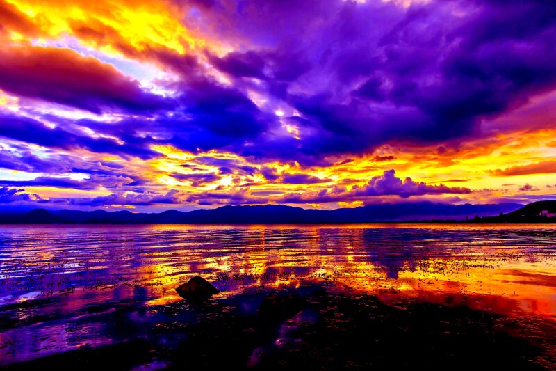 Sunset over Lake — Purple, Dramatic, Photograph, Mountains, Clouds
