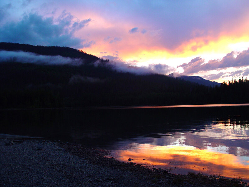 Sunset over Lake — Purple, Dramatic, Photograph, Mountains, Forest