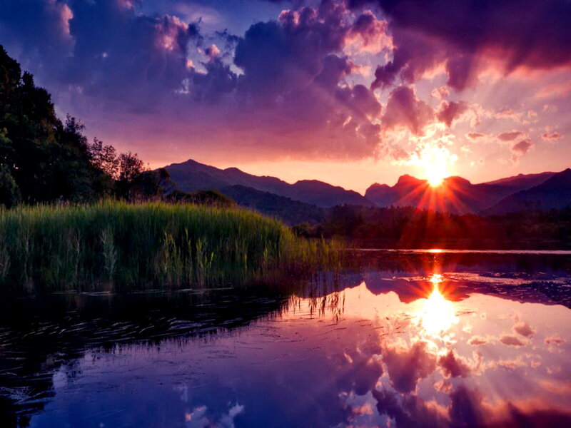 Sunset over Lake — Purple, Dramatic, Photograph, Mountains