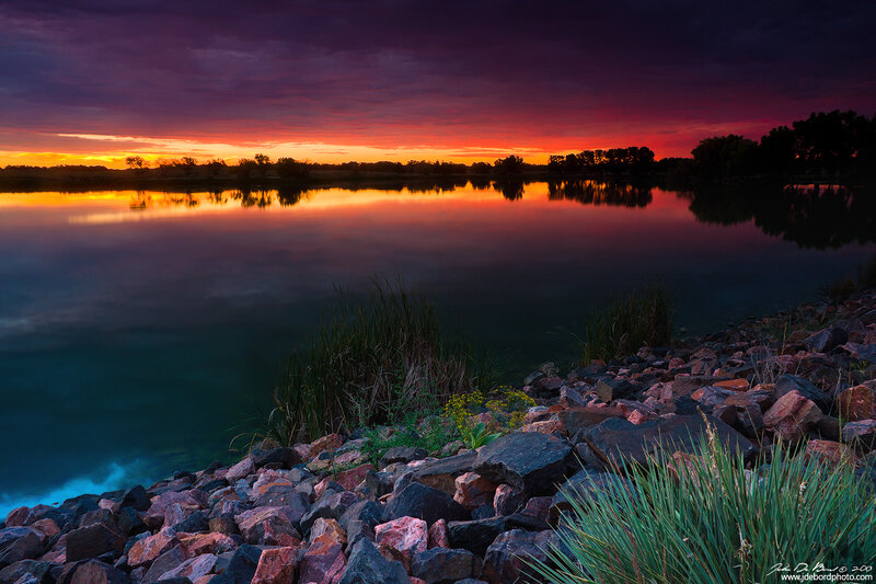 Sunset over Lake — Purple, Dramatic, Photograph, Rocks