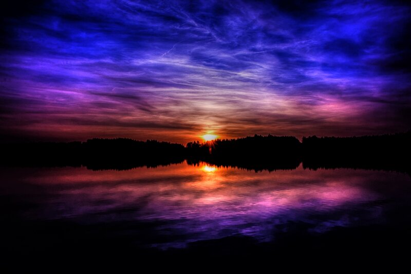 Sunset over Lake — Purple, Dramatic, Photograph, Sky, Trees, Reflection