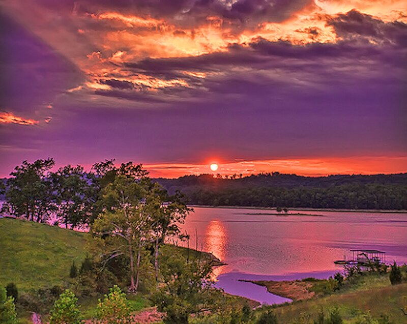 Sunset over Lake — Purple, Dramatic, Photograph, Trees, Hills