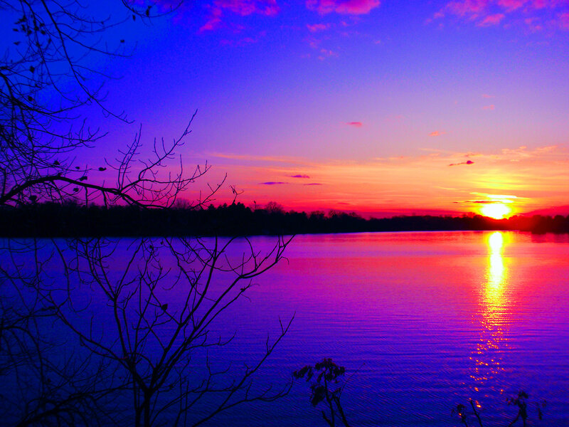Sunset over Lake — Purple, Dramatic, Photograph, Trees, Sky, Reflection