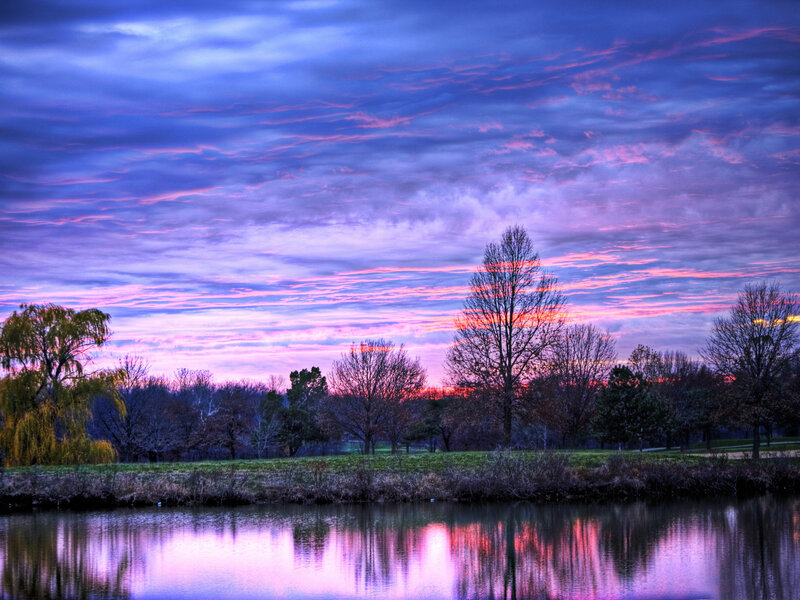 Sunset over Lake — Purple, Dramatic, Photograph, Trees, Sky