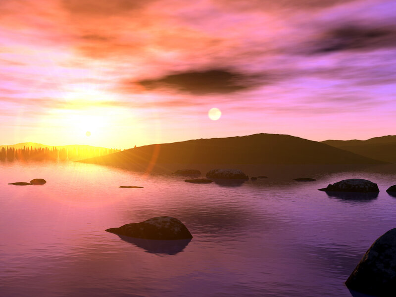 Sunset over Lake — Purple, Serene, 3d Render