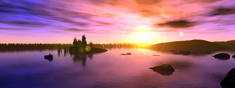 Sunset over Lake — Purple, Serene, Digital Art, Island