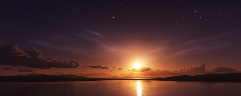 Sunset over Lake — Purple, Serene, Digital Art, Sun, Clouds