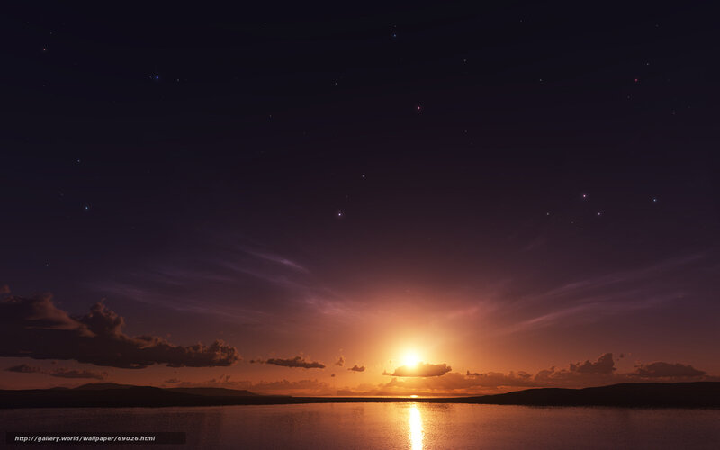 Sunset over Lake — Purple, Serene, Digital Art, Sun