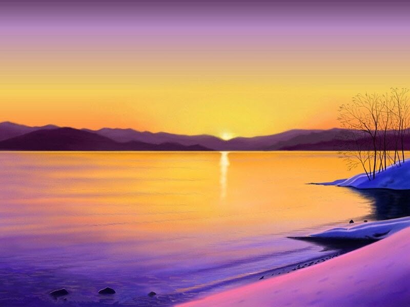 Sunset over Lake — Purple, Serene, Digital Art