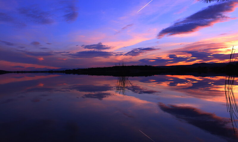 Sunset over Lake — Purple, Serene, Photograph, Clouds, Mountains