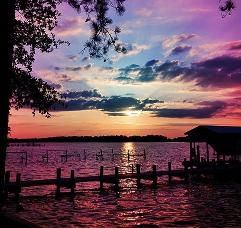 Sunset over Lake — Purple, Serene, Photograph, Dock
