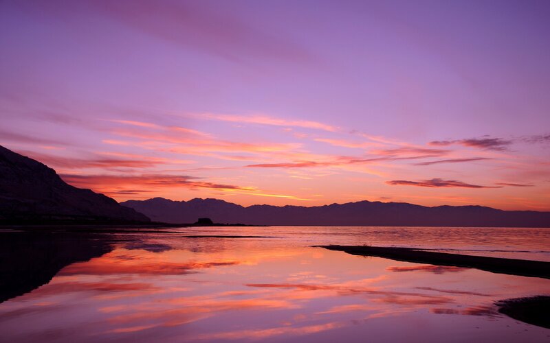 Sunset over Lake — Purple, Serene, Photograph, Mountains, Clouds, Reflection