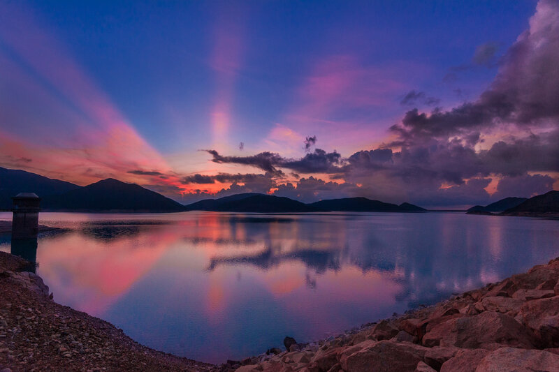 Sunset over Lake — Purple, Serene, Photograph, Mountains, Clouds