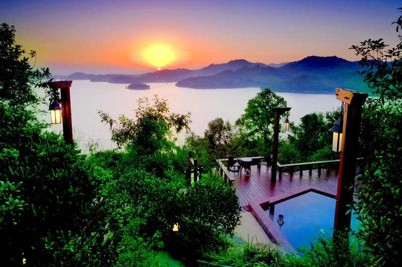 Sunset over Lake — Purple, Serene, Photograph, Mountains, Deck