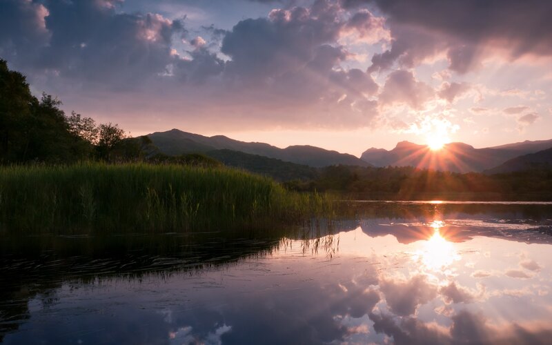 Sunset over Lake — Purple, Serene, Photograph, Mountains, Reeds, Clouds, Orange