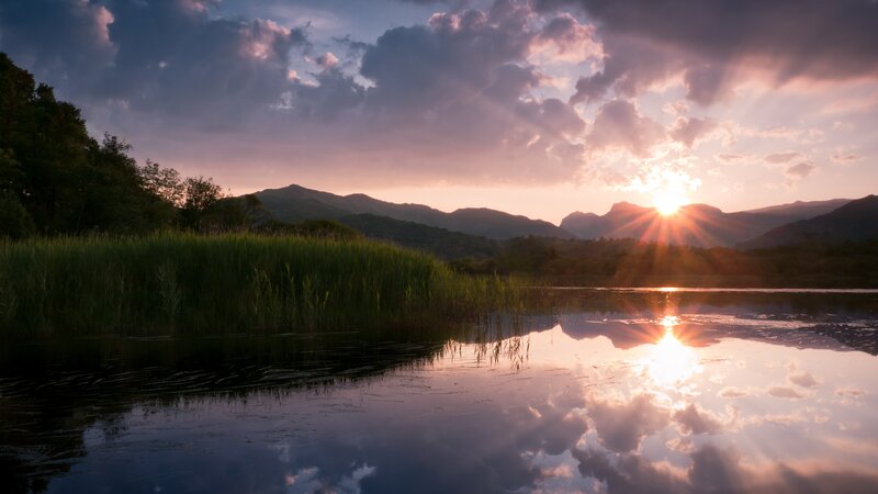 Sunset over Lake — Purple, Serene, Photograph, Mountains, Reeds, Clouds