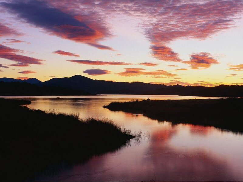 Sunset over Lake — Purple, Serene, Photograph, Mountains, Sky, Reflection, Orange