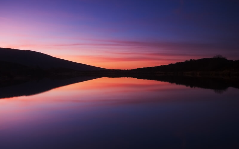 Sunset over Lake — Purple, Serene, Photograph, Mountains, Sky, Reflection, Pink, Orange