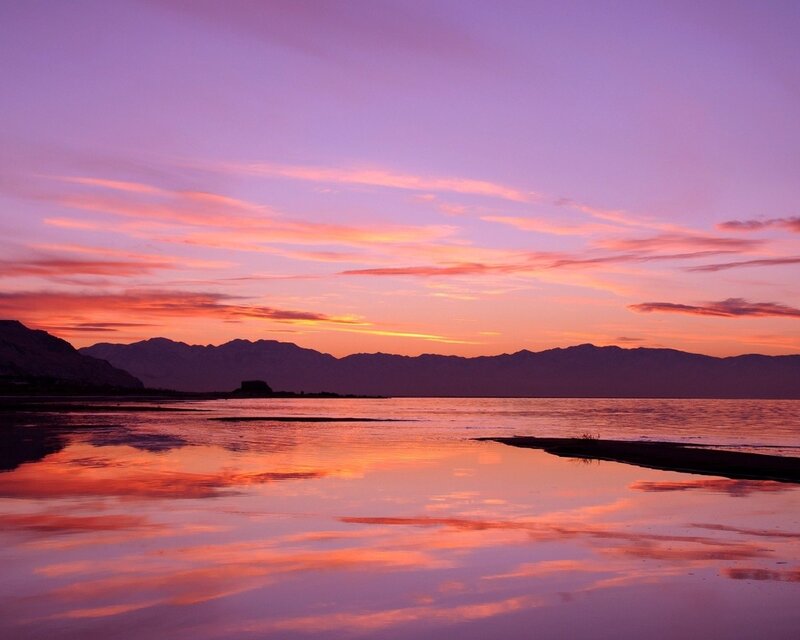 Sunset over Lake — Purple, Serene, Photograph, Mountains, Sky, Reflection, Pink