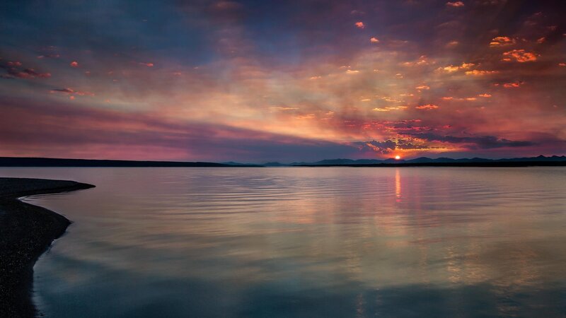 Sunset over Lake — Purple, Serene, Photograph, Mountains, Sky, Water