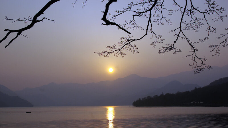 Sunset over Lake — Purple, Serene, Photograph, Mountains, Tree Branches