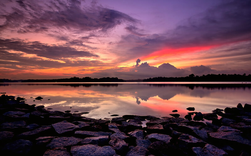 Sunset over Lake — Purple, Serene, Photograph, Rocks