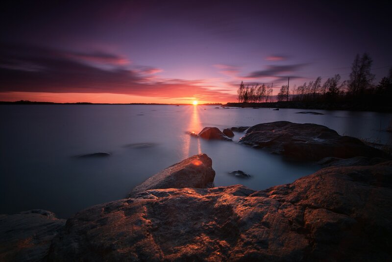 Sunset over Lake — Purple, Serene, Photograph, Rocks, Trees