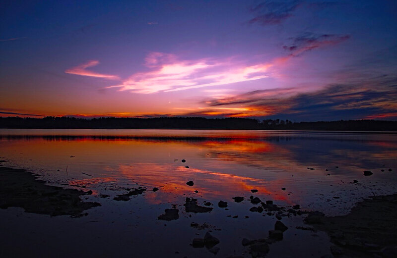Sunset over Lake — Purple, Serene, Photograph, Sky, Water, Trees
