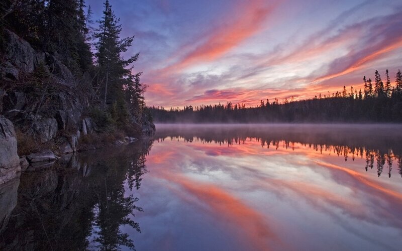 Sunset over Lake — Purple, Serene, Photograph, Trees, Fog