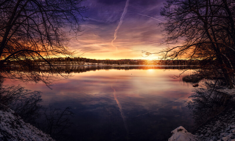 Sunset over Lake — Purple, Serene, Photograph, Trees, Snow