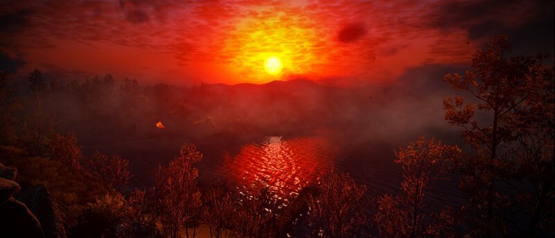 Sunset over Lake — Red, Dramatic, 3d Render