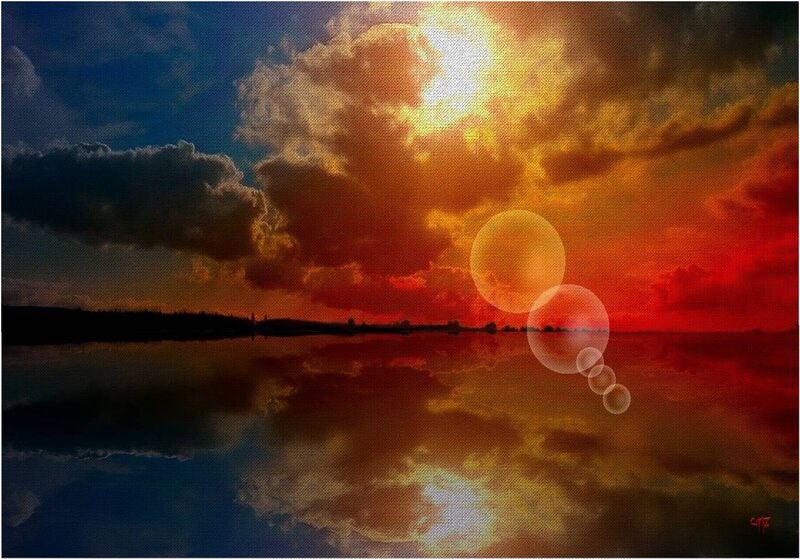 Sunset over Lake — Red, Dramatic, Digital Art, Clouds
