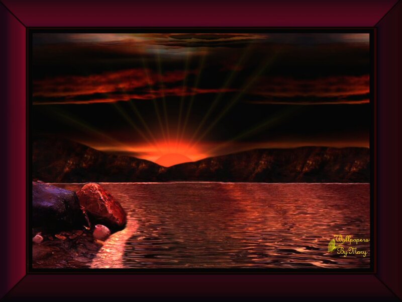 Sunset over Lake — Red, Dramatic, Digital Art, Mountains