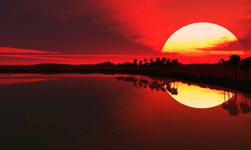 Sunset over Lake — Red, Dramatic, Digital Art, Sun