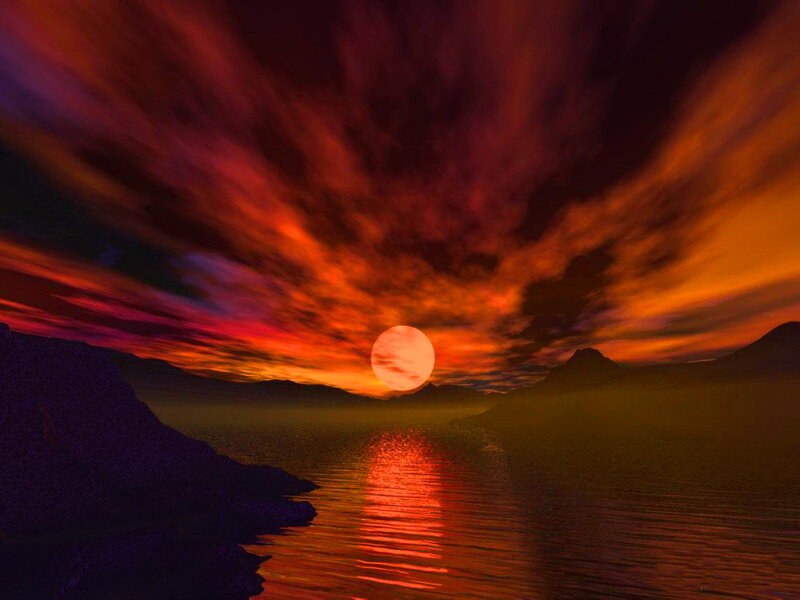 Sunset over Lake — Red, Dramatic, Digital Art
