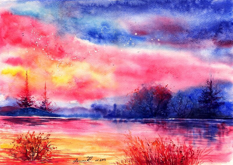 Sunset over Lake — Red, Dramatic, Painting