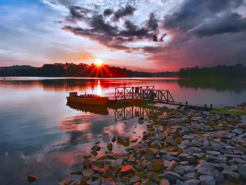 Sunset over Lake — Red, Dramatic, Photograph, Boat, Dock