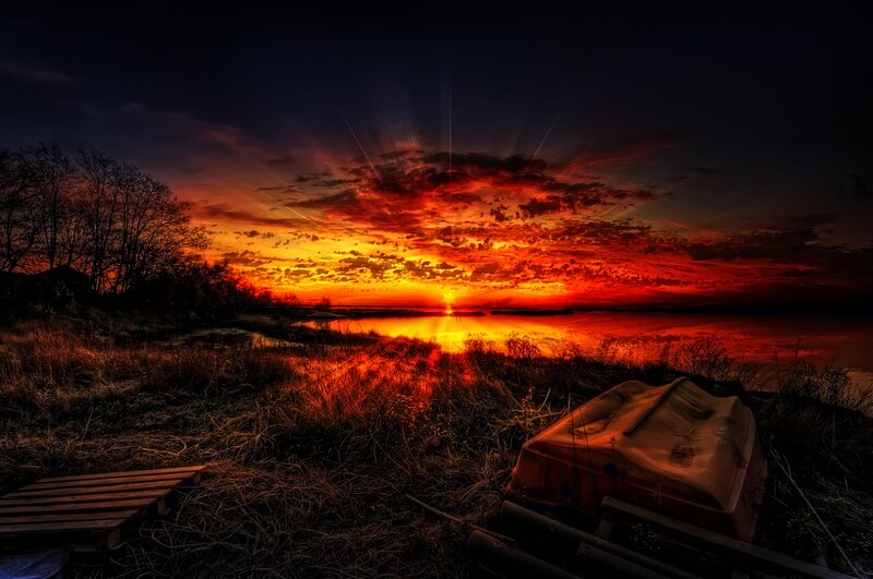 Sunset over Lake — Red, Dramatic, Photograph, Boat