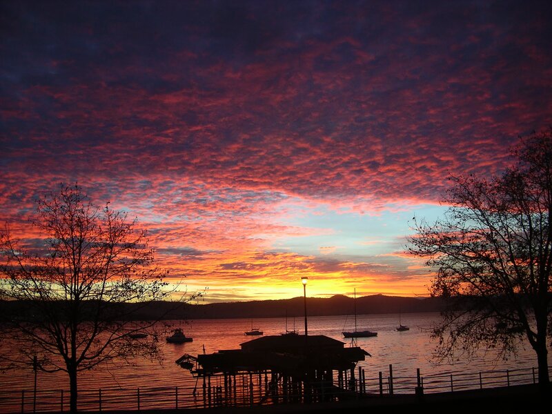 Sunset over Lake — Red, Dramatic, Photograph, Boats
