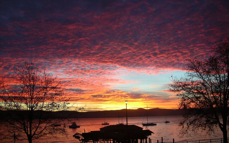 Sunset over Lake — Red, Dramatic, Photograph, Boats, Trees