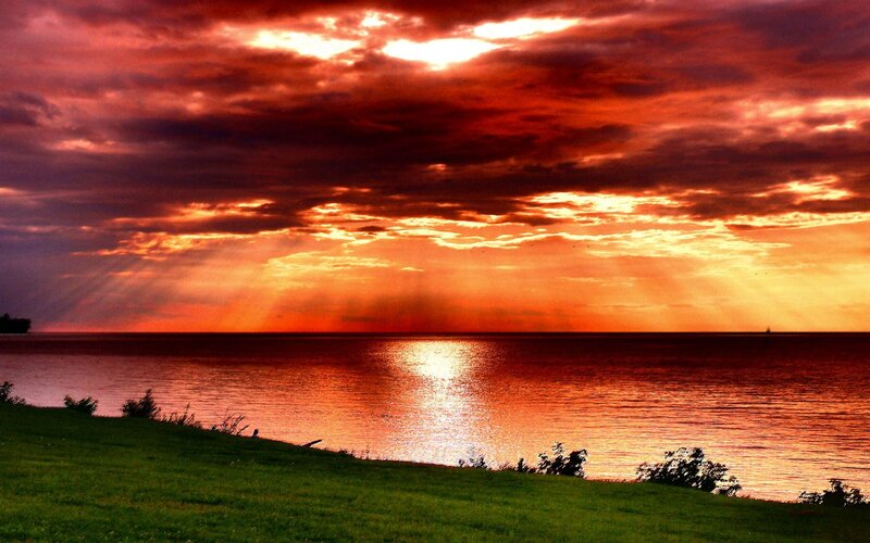 Sunset over Lake — Red, Dramatic, Photograph, Clouds, Grass