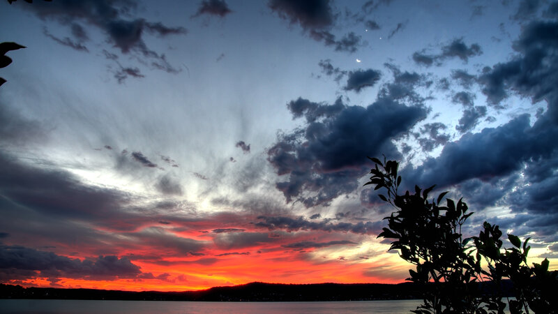 Sunset over Lake — Red, Dramatic, Photograph, Clouds, Moon