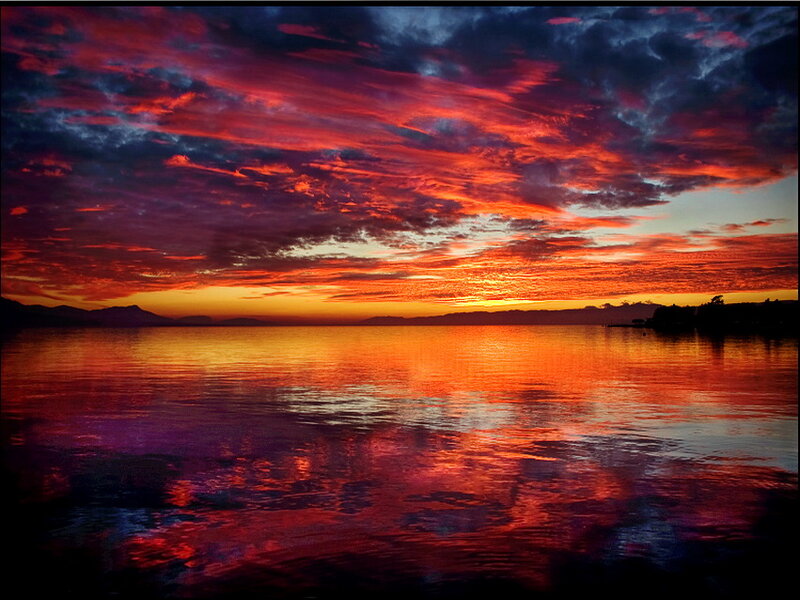 Sunset over Lake — Red, Dramatic, Photograph, Clouds, Mountains