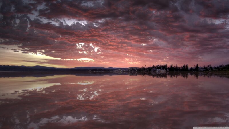 Sunset over Lake — Red, Dramatic, Photograph, Clouds, Mountains, Trees