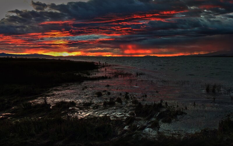 Sunset over Lake — Red, Dramatic, Photograph, Clouds, Mountains, Water