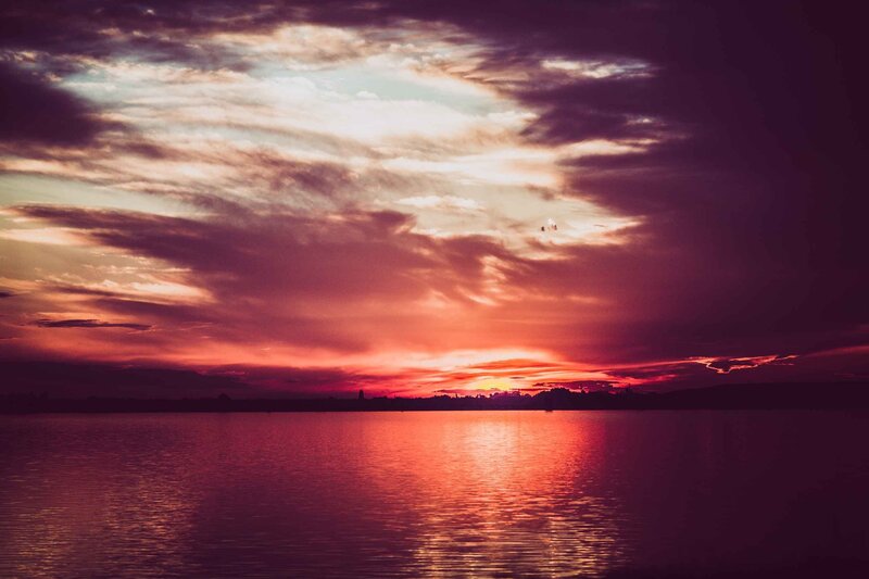 Sunset over Lake — Red, Dramatic, Photograph, Clouds, Sky