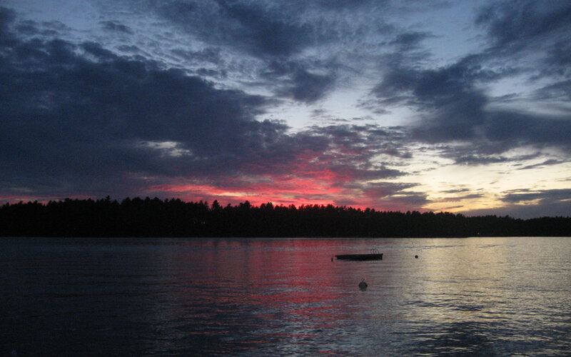 Sunset over Lake — Red, Dramatic, Photograph, Clouds, Trees, Dock