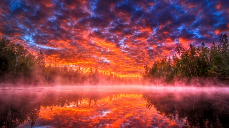 Sunset over Lake — Red, Dramatic, Photograph, Clouds, Trees, Mist