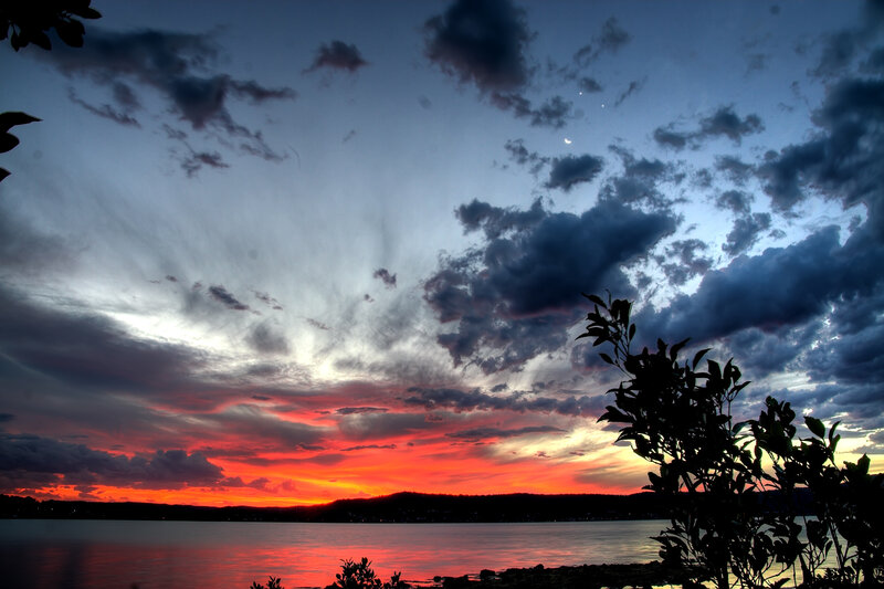 Sunset over Lake — Red, Dramatic, Photograph, Clouds, Trees, Moon, Orange